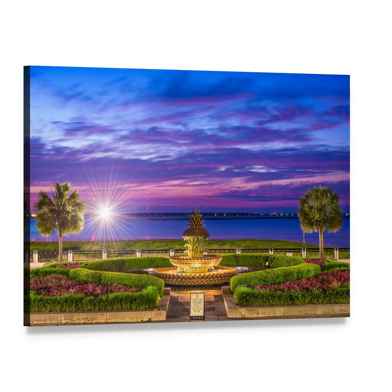 Waterfront Pineapple Fountain at Dusk Canvas Wall Art, single panel gallery wrapped canvas, angled product view