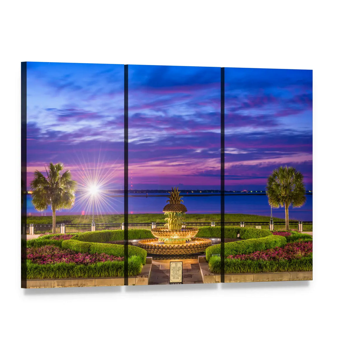 Waterfront Park with Pineapple Fountain Canvas Wall Art, 3 panel 3 Horizontal layout gallery wrapped canvas set, angled product view