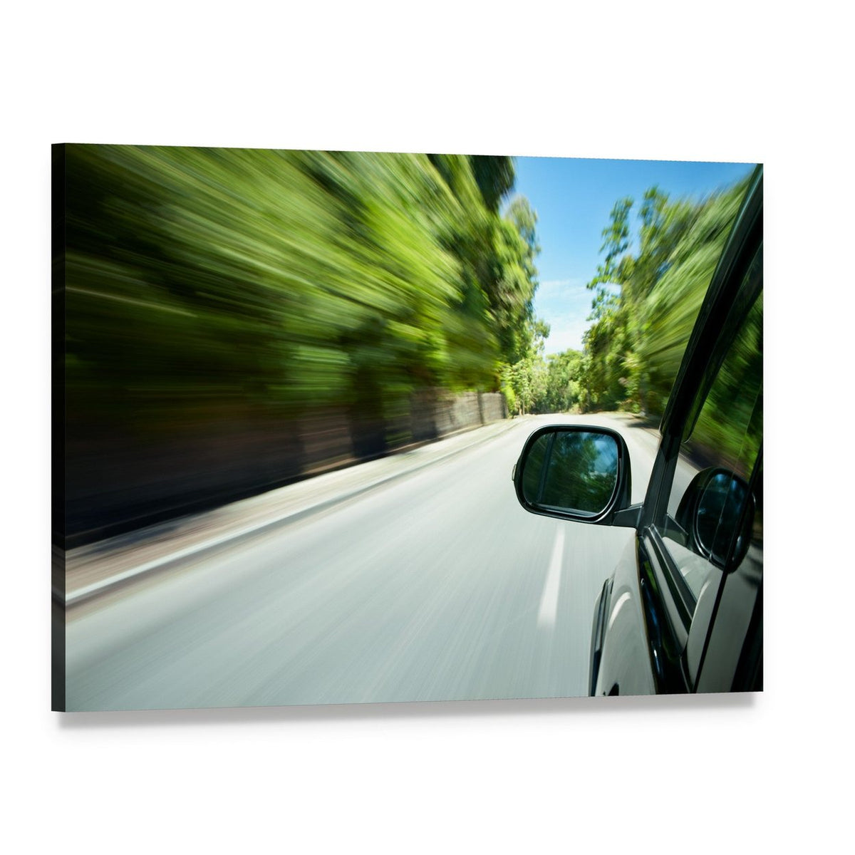 Car Speeding on Road Canvas Wall Art, single panel gallery wrapped canvas, angled product view