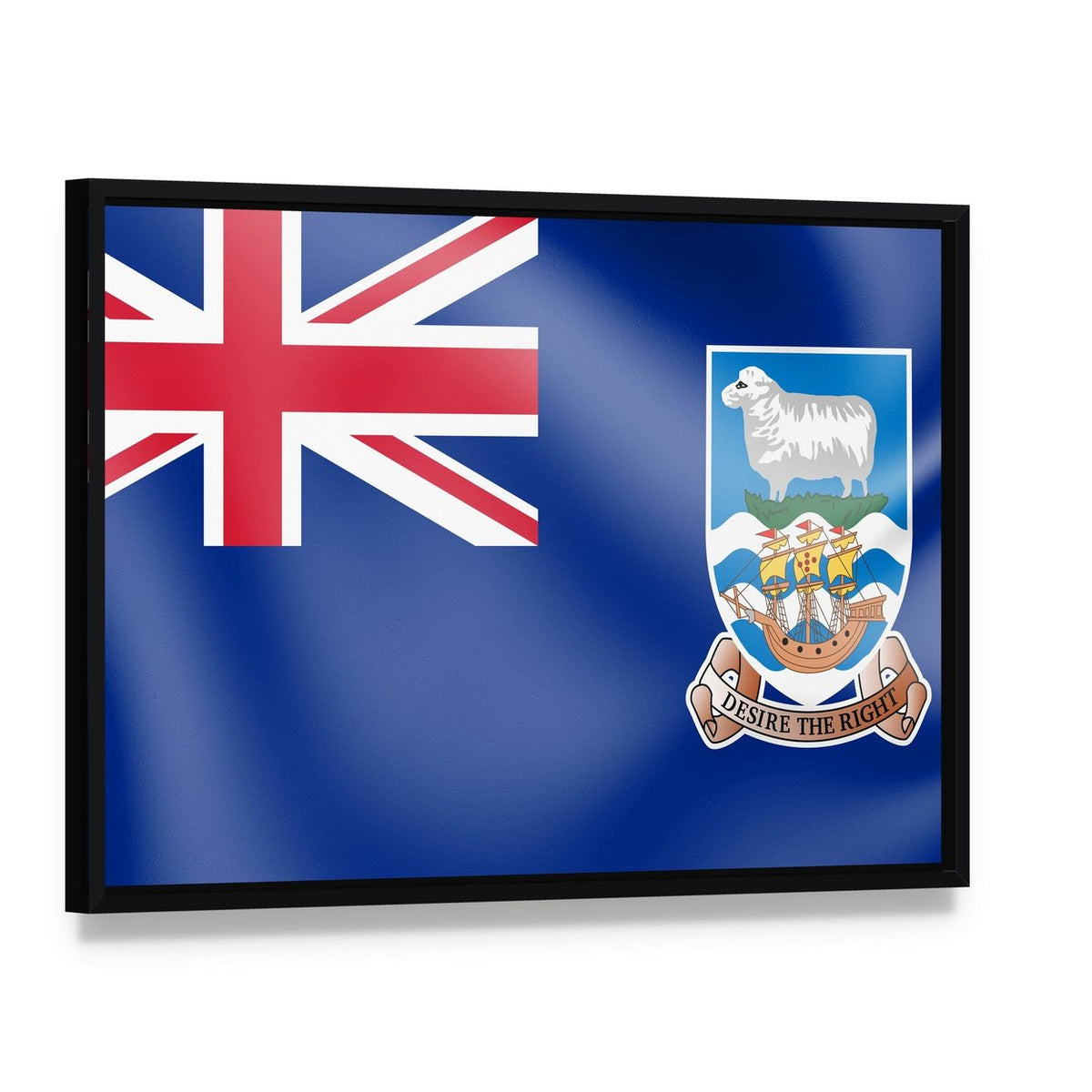 Falkland Island Flag with Coat of Arms Canvas Wall Art, framed canvas in a black floater frame, angled product view