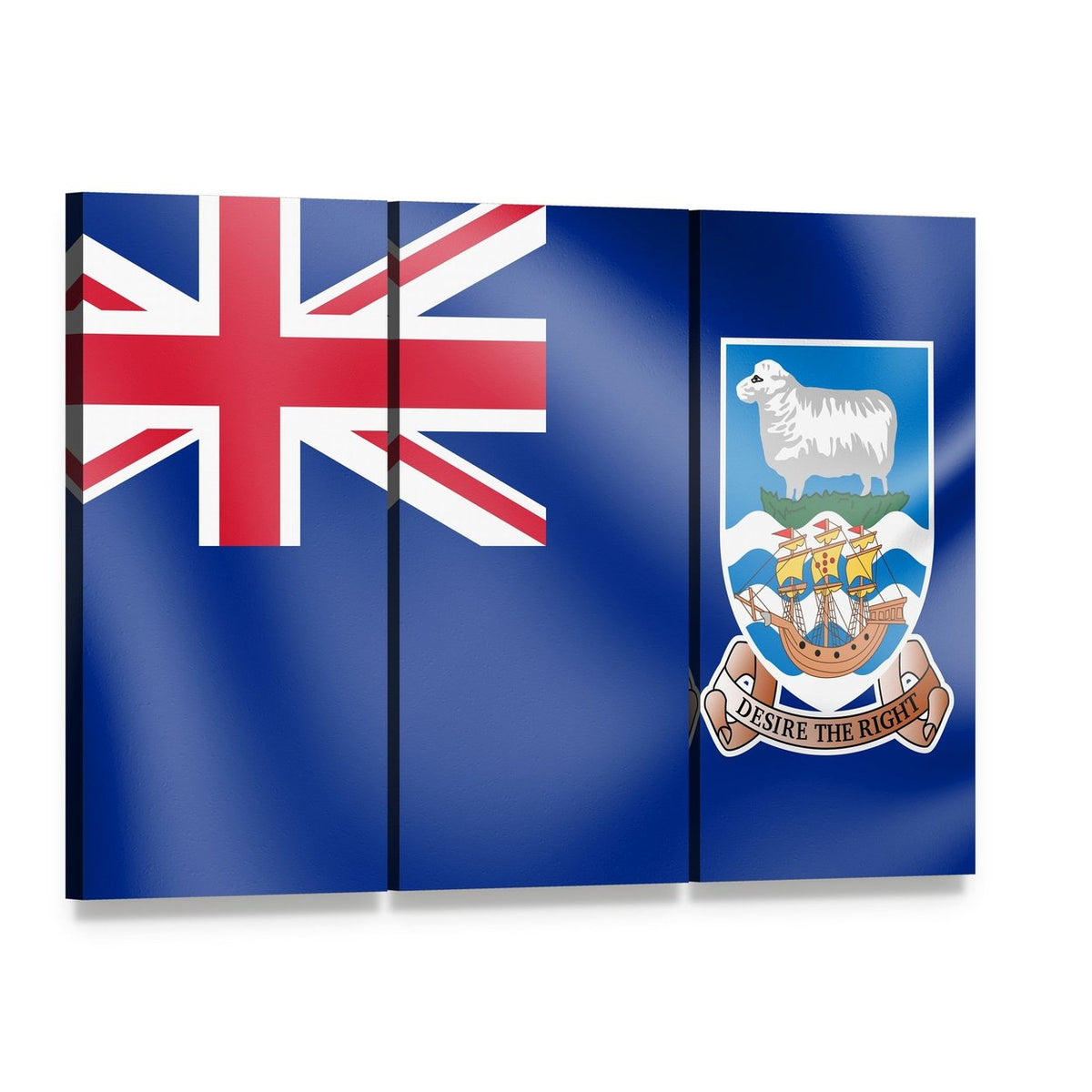 Falkland Island Flag with Coat of Arms Canvas Wall Art, 3 panel 3 Horizontal layout gallery wrapped canvas set, angled product view