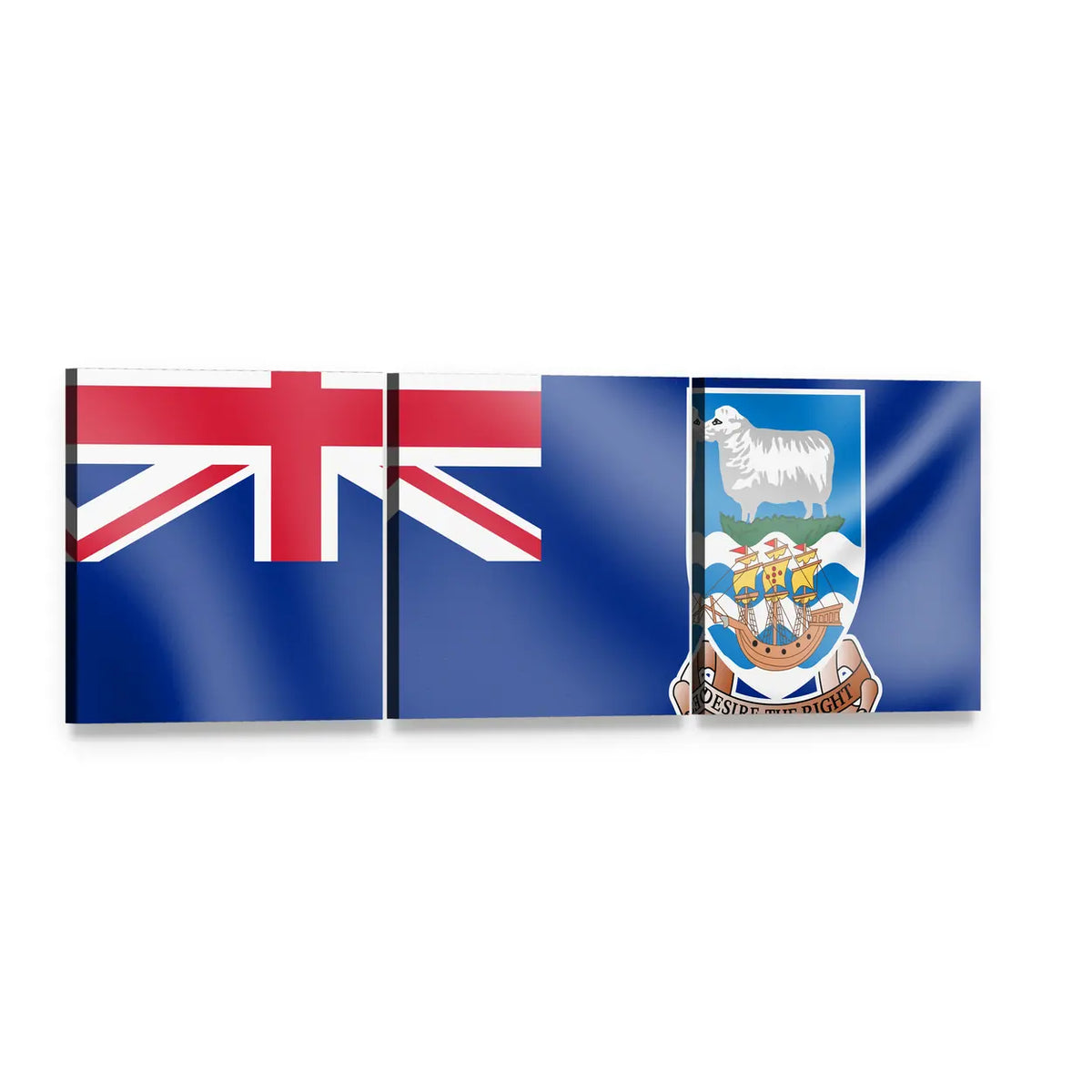Falkland Islands Flag with Coat of Arms Panoramic Canvas Wall Art, 3 panel 3 Piece layout gallery wrapped canvas set, angled product view