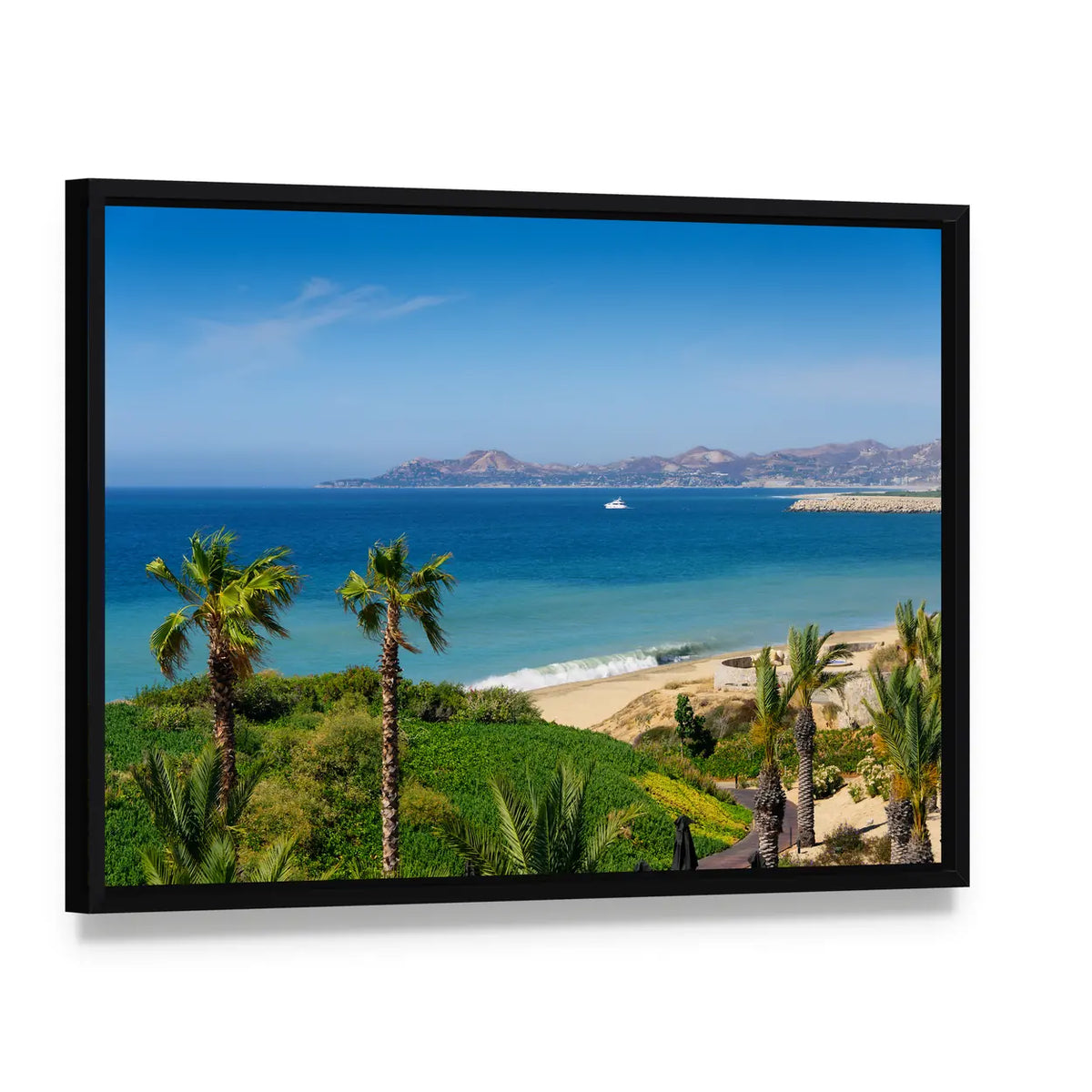 Tropical Beach with Palm Trees and Sailboat Canvas Wall Art, framed canvas in a black floater frame, angled product view