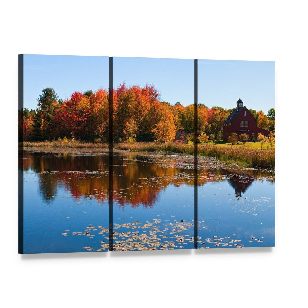 Red Barn Reflected in Autumn Pond Canvas Wall Art, 3 panel 3 Horizontal layout gallery wrapped canvas set, angled product view