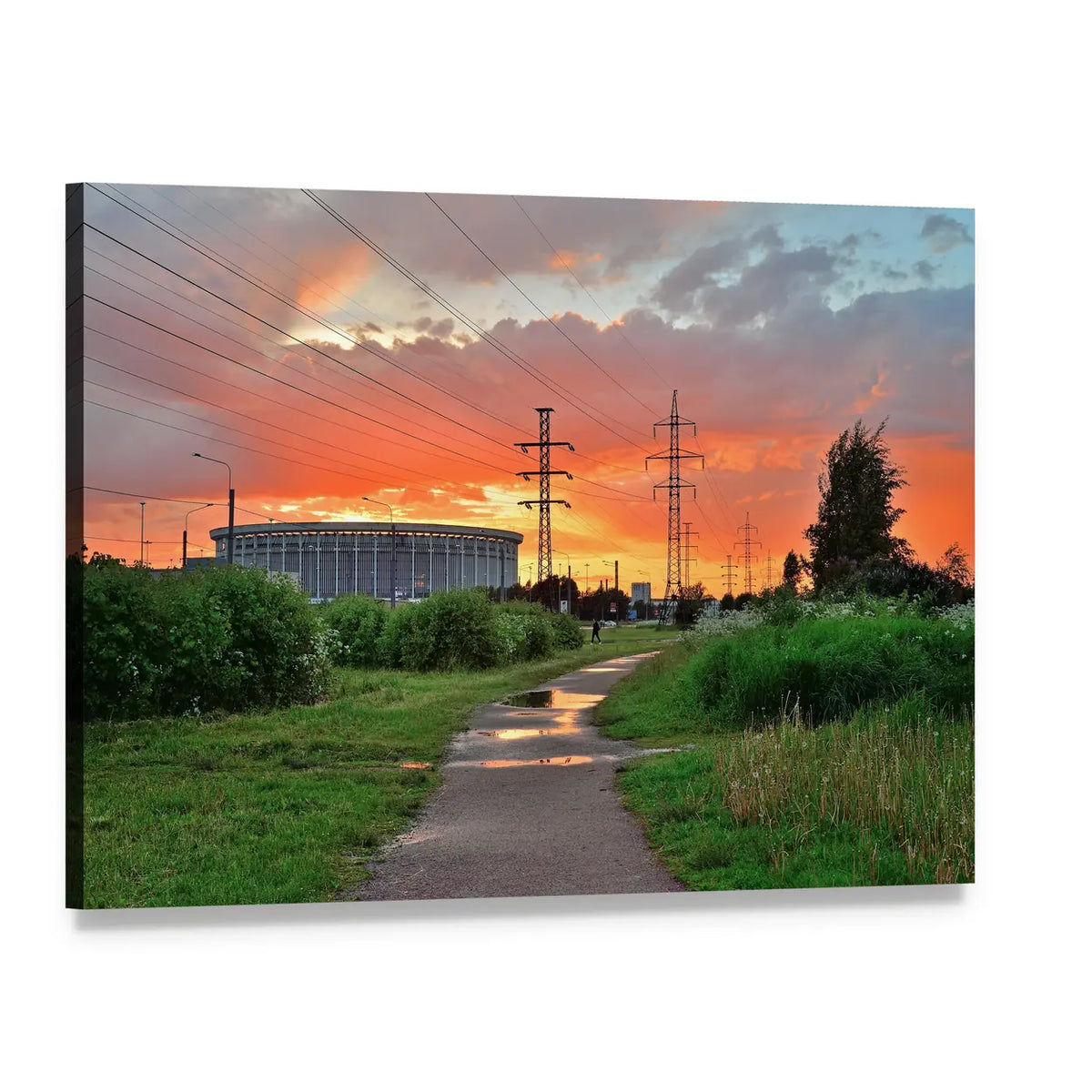 Sports and Concert Complex at Sunset Canvas Wall Art, single panel gallery wrapped canvas, angled product view