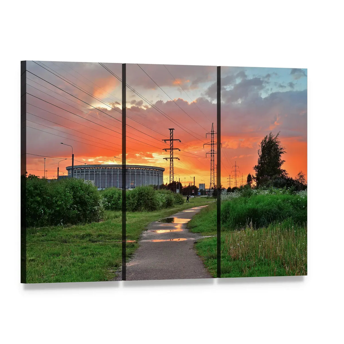 Sports and Concert Complex at Sunset Canvas Wall Art, 3 panel 3 Horizontal layout gallery wrapped canvas set, angled product view
