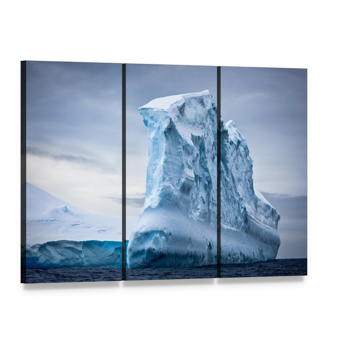 Antarctic Iceberg in the Snow Canvas Wall Art, 3 panel 3 Horizontal layout gallery wrapped canvas set, angled product view