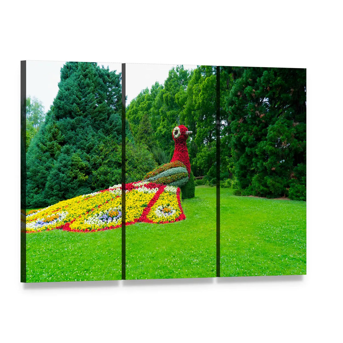 Peacock Made of Flowers Canvas Wall Art, 3 panel 3 Horizontal layout gallery wrapped canvas set, angled product view