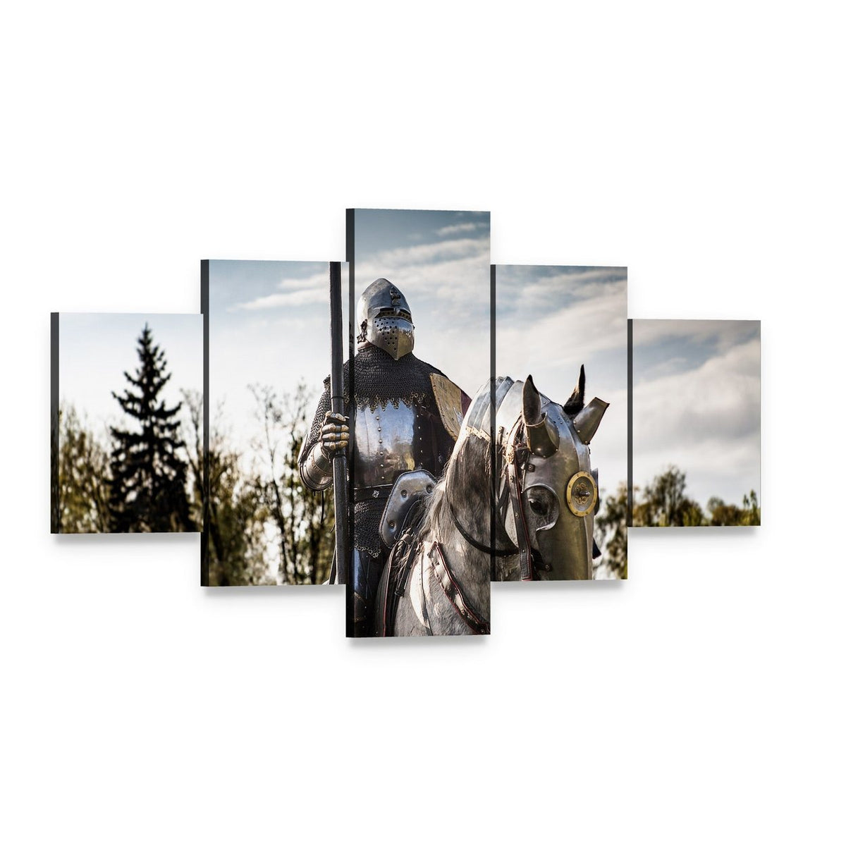 Armored Knight on Horse with Lance Canvas Wall Art, 5 panel 5 Star layout gallery wrapped canvas set, angled product view