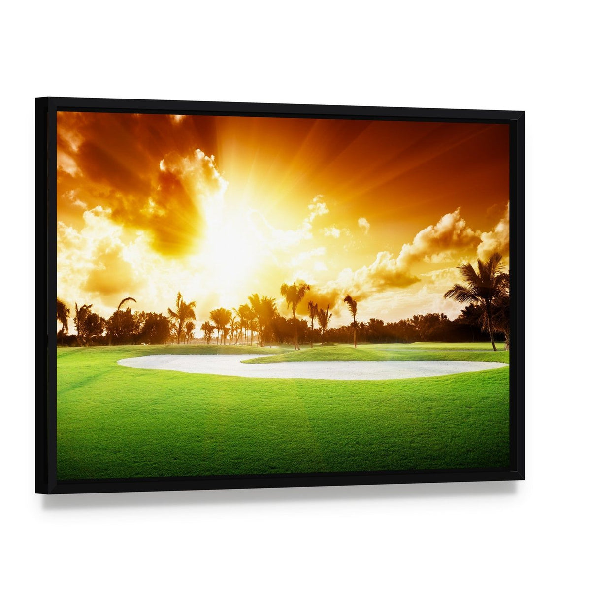 Sunset on Golf Field Canvas Wall Art, framed canvas in a black floater frame, angled product view