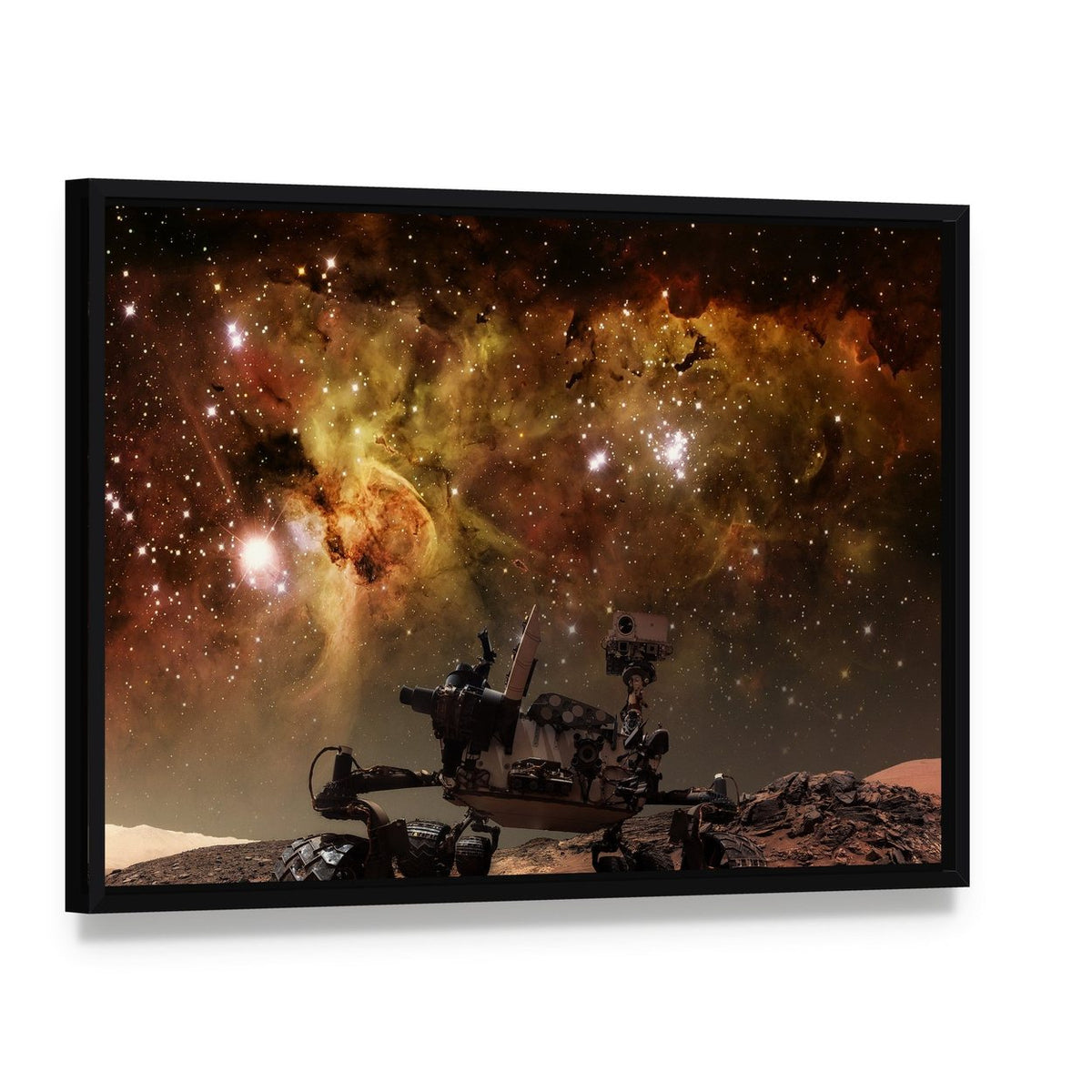 Curiosity Rover on Mars Canvas Wall Art, framed canvas in a black floater frame, angled product view