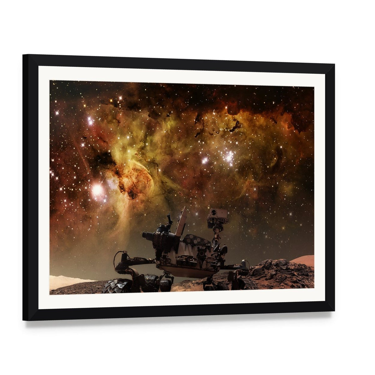 Curiosity Rover on Mars Canvas Wall Art, framed print with white mat and black frame, angled product view