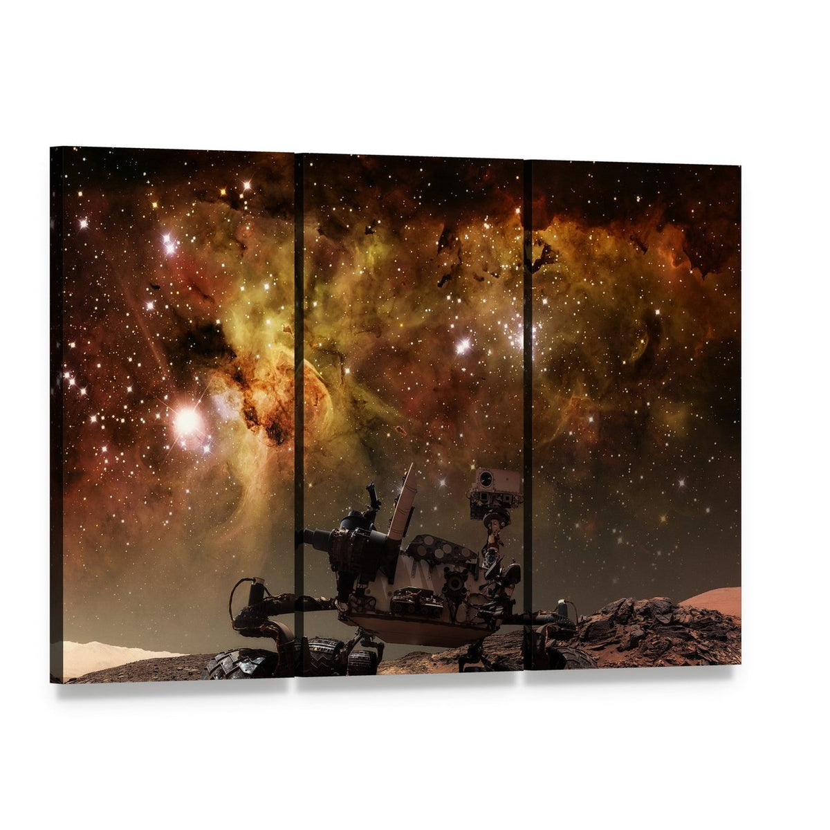 Curiosity Rover on Mars Canvas Wall Art, 3 panel 3 Horizontal layout gallery wrapped canvas set, angled product view