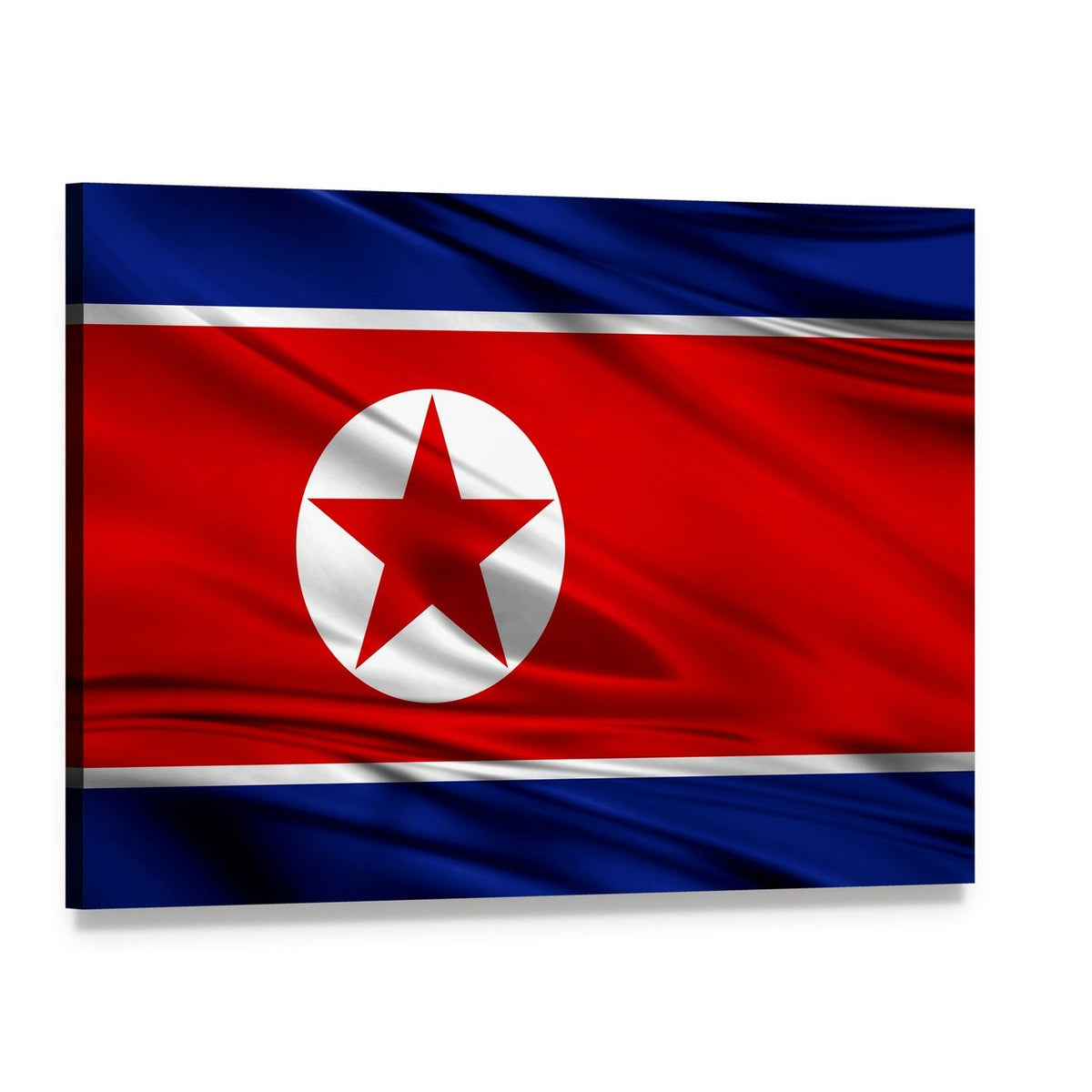 Realistic North Korea Flag Waving Design Canvas Wall Art, single panel gallery wrapped canvas, angled product view