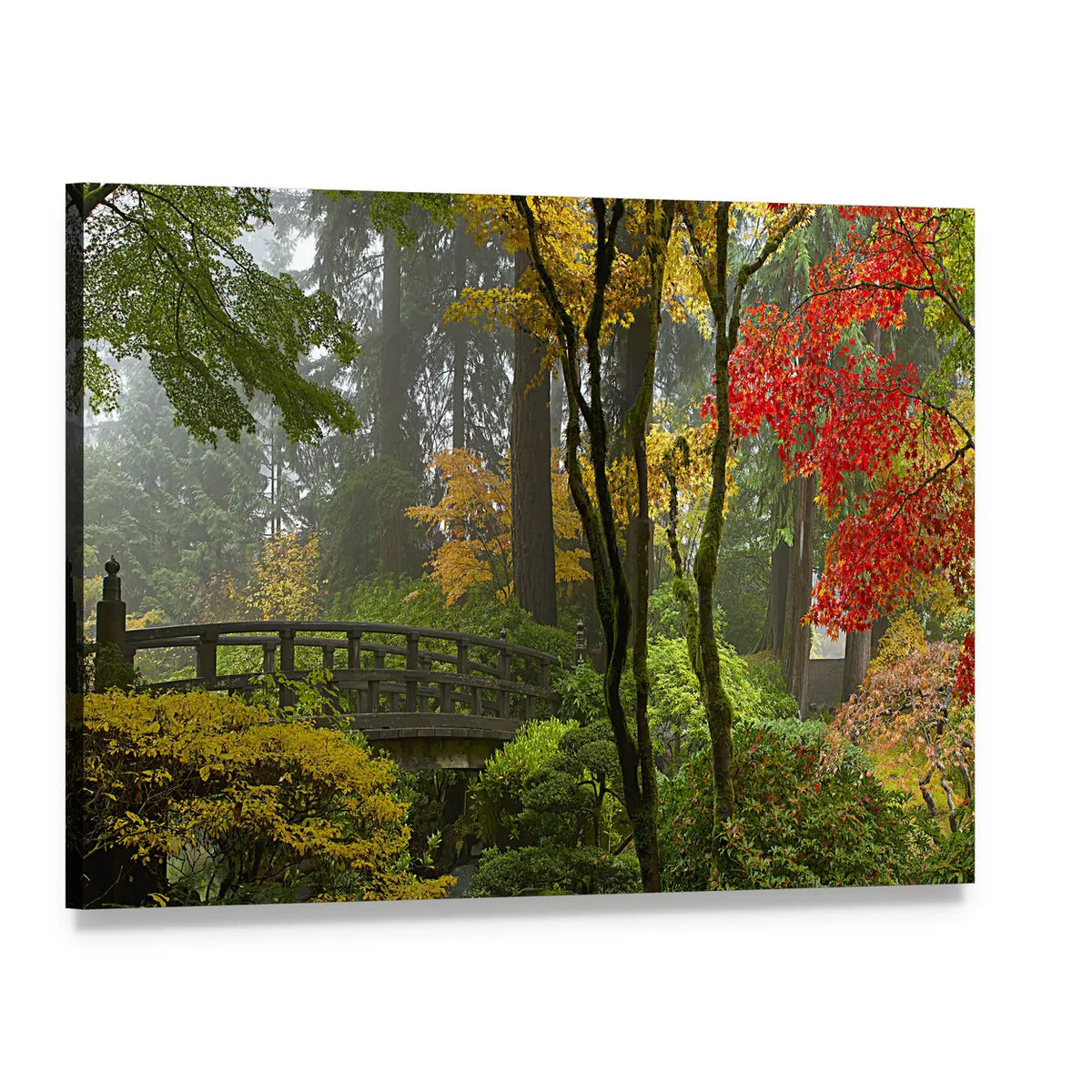 Arched Wooden Bridge in Misty Japanese Garden Canvas Wall Art, single panel gallery wrapped canvas, angled product view