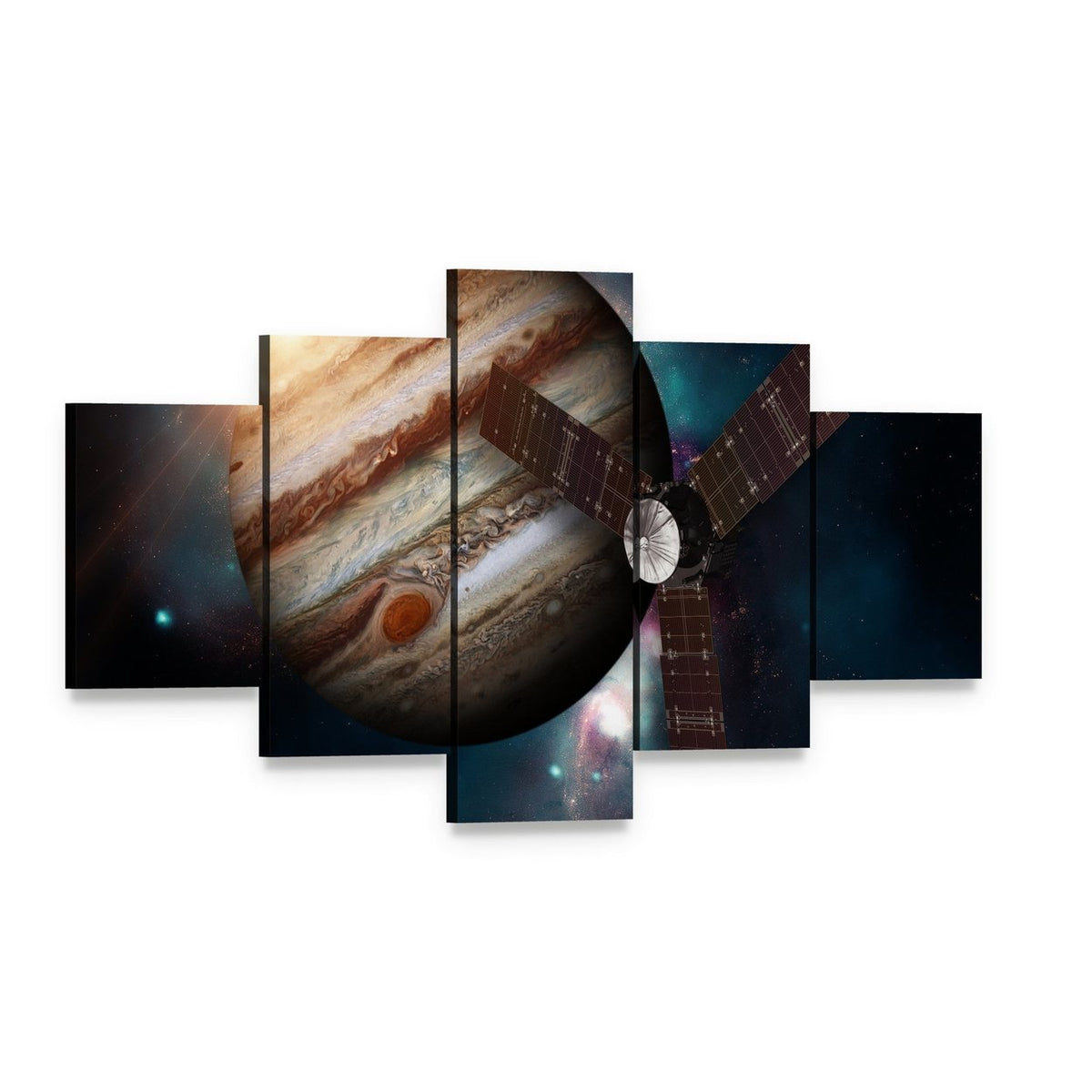 Juno Spacecraft & Jupiter Canvas Wall Art, 5 panel 5 Star layout gallery wrapped canvas set, angled product view