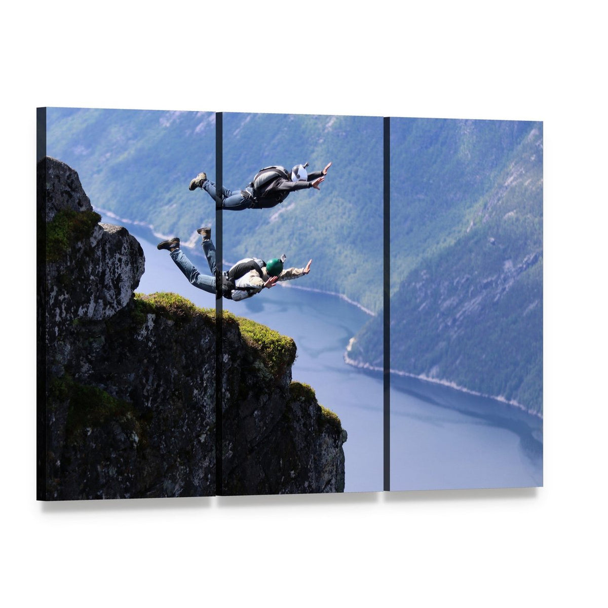 Wingsuit Flying Over Norwegian Landscape Canvas Wall Art, 3 panel 3 Horizontal layout gallery wrapped canvas set, angled product view