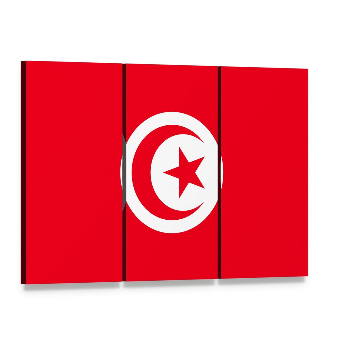 Tunisian Flag with Crescent and Star Canvas Wall Art, 3 panel 3 Horizontal layout gallery wrapped canvas set, angled product view