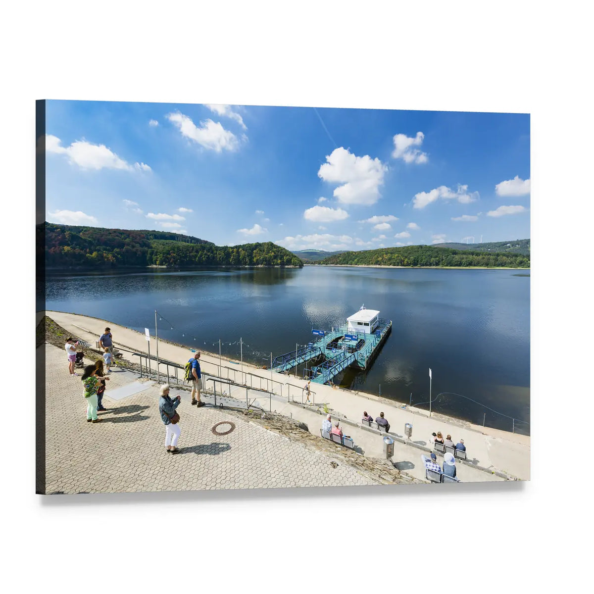 Ferry Docked at Lakeside Pier Canvas Wall Art, single panel gallery wrapped canvas, angled product view