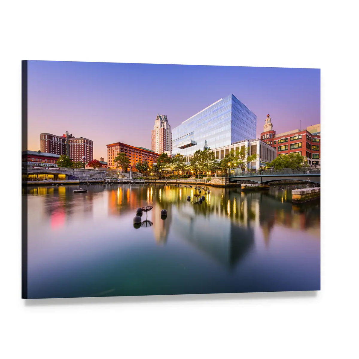 Providence Skyline at Blue Hour Canvas Wall Art, single panel gallery wrapped canvas, angled product view