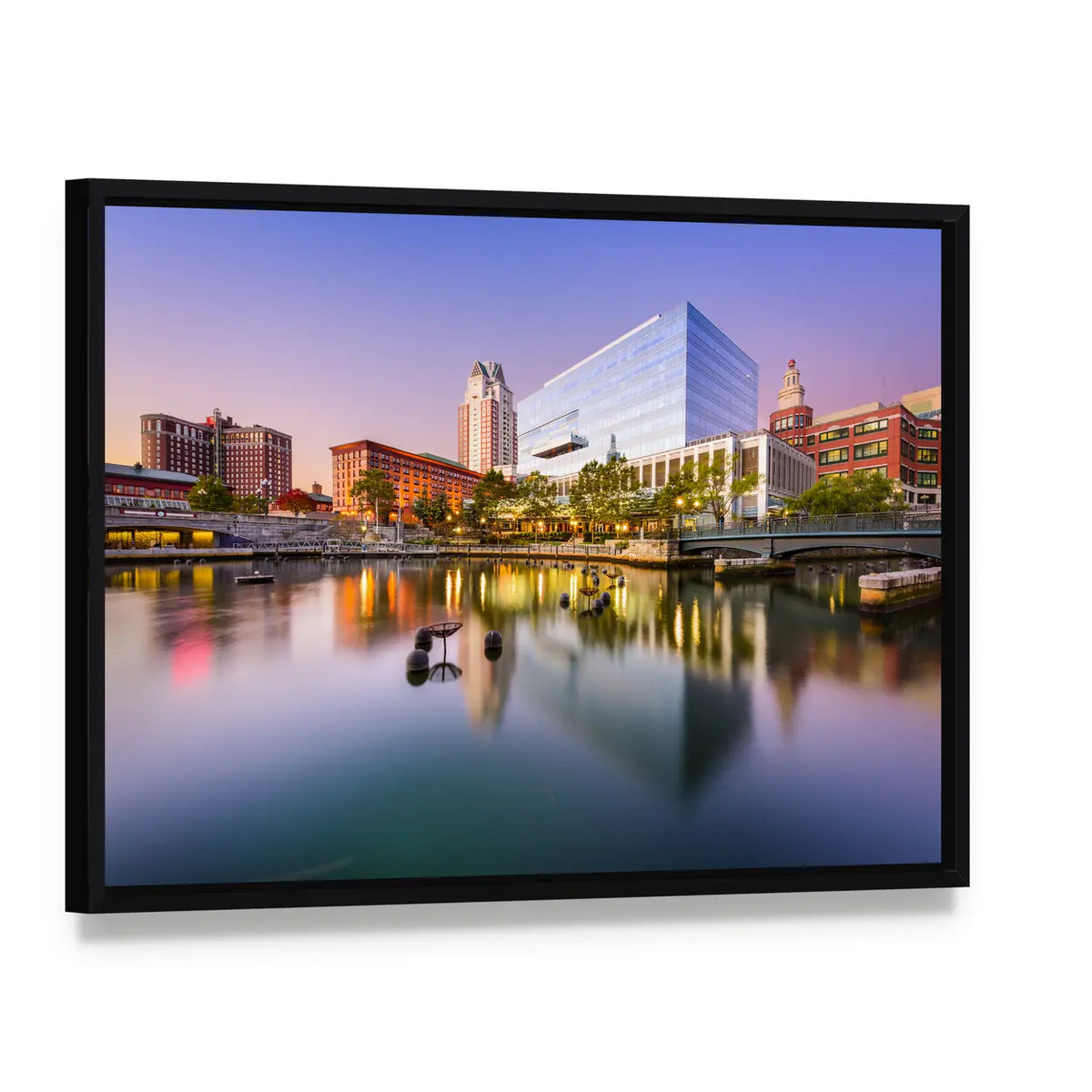 Providence Skyline at Blue Hour Canvas Wall Art, framed canvas in a black floater frame, angled product view
