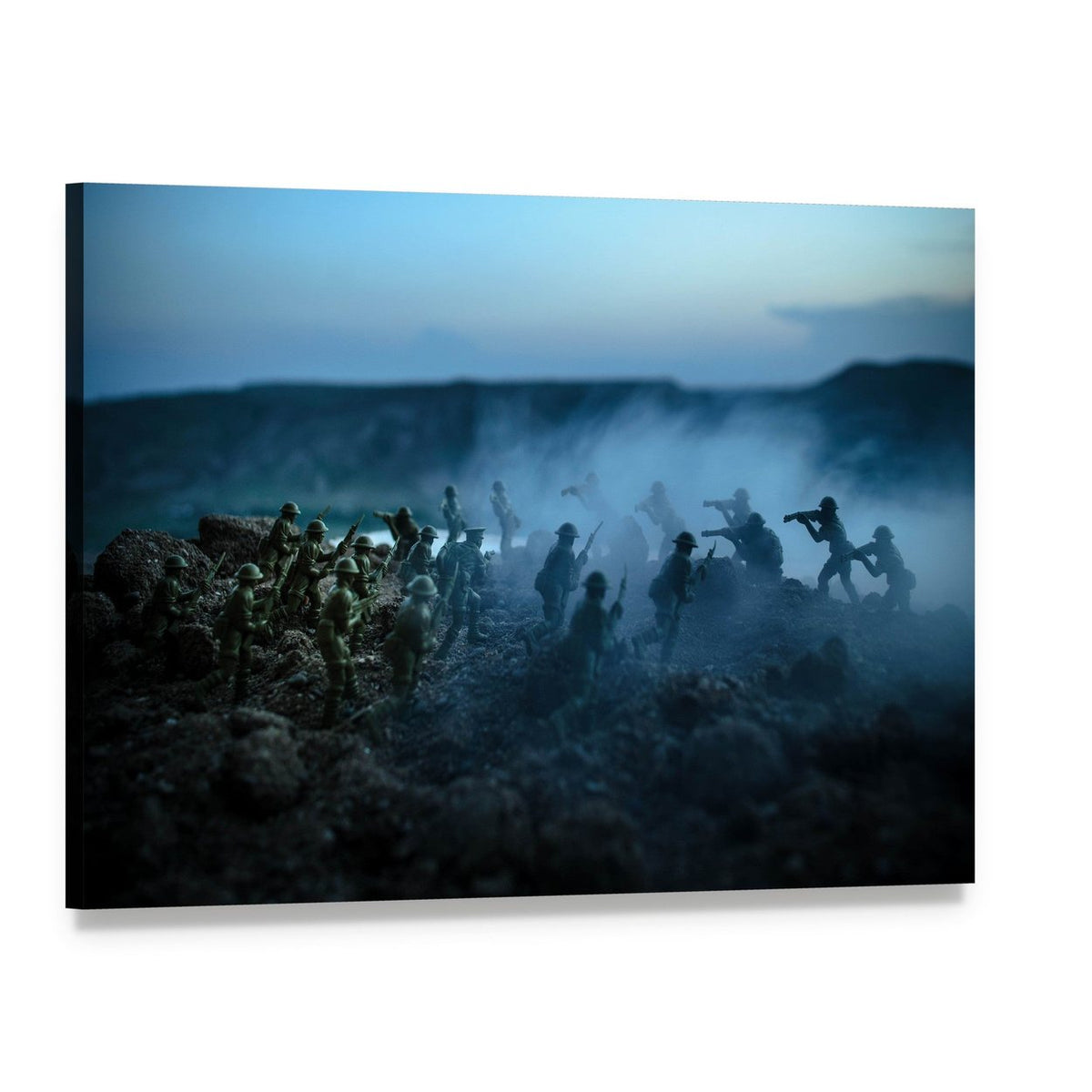 Toy Soldiers in Battle at Dusk Canvas Wall Art, single panel gallery wrapped canvas, angled product view