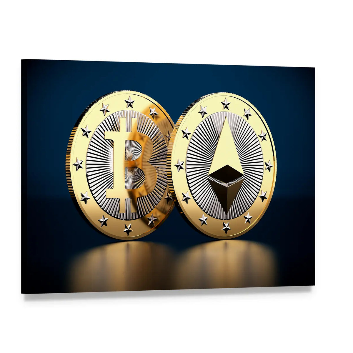 Bitcoin and Ethereum Coins on Dark Surface Canvas Wall Art, single panel gallery wrapped canvas, angled product view
