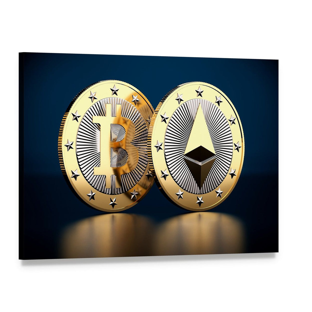 Bitcoin and Ethereum Logos Close-up Canvas Wall Art, single panel gallery wrapped canvas, angled product view