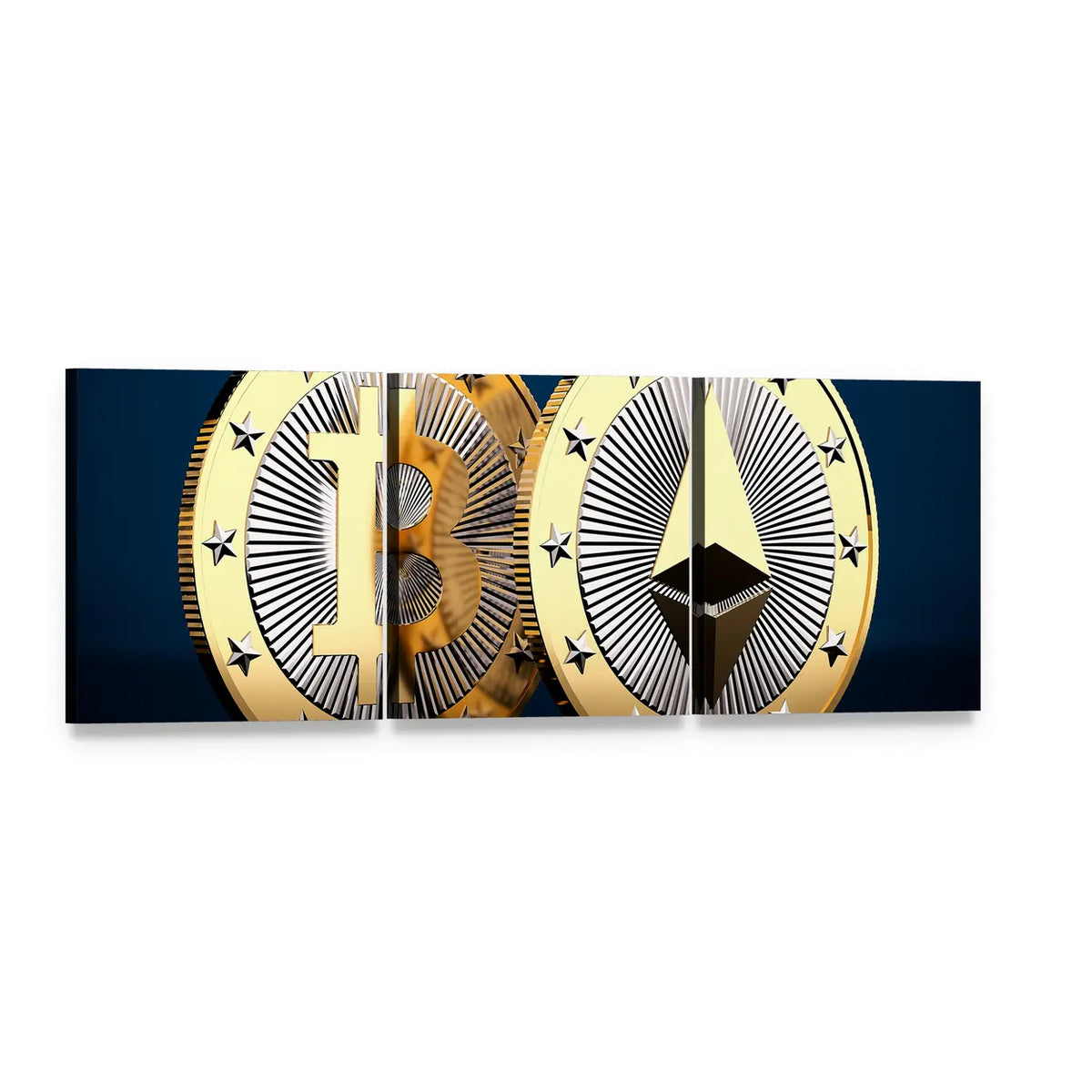 Bitcoin and Ethereum Coins Close-up Panoramic Canvas Wall Art, 3 panel 3 Piece layout gallery wrapped canvas set, angled product view