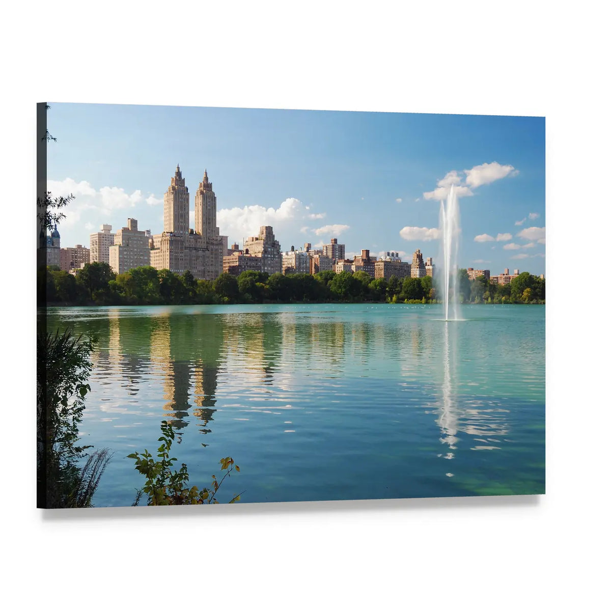 Manhattan Skyline with Fountain Canvas Wall Art, single panel gallery wrapped canvas, angled product view