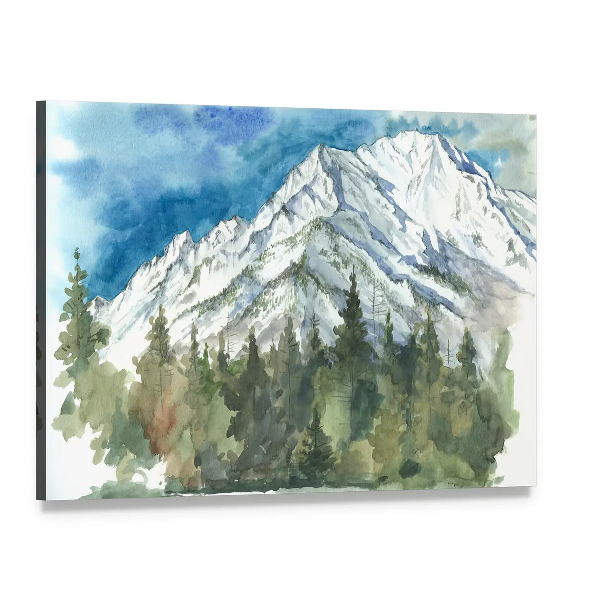 Watercolor Snow-capped Mountain and Forest Canvas Wall Art, single panel gallery wrapped canvas, angled product view