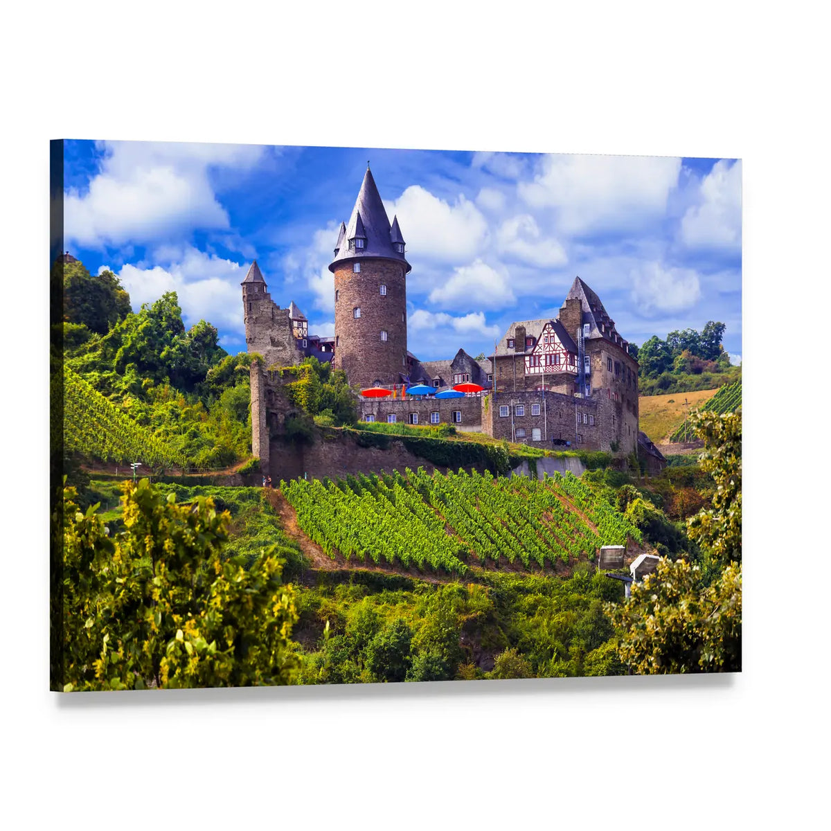 Hilltop Stone Castle and Vineyards Canvas Wall Art, single panel gallery wrapped canvas, angled product view