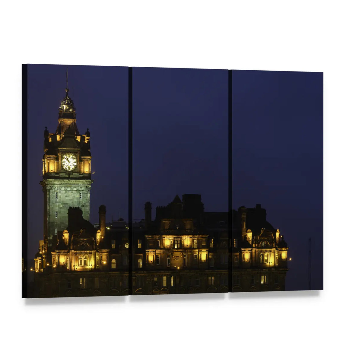 Balmoral Hotel Night View Canvas Wall Art, 3 panel 3 Horizontal layout gallery wrapped canvas set, angled product view