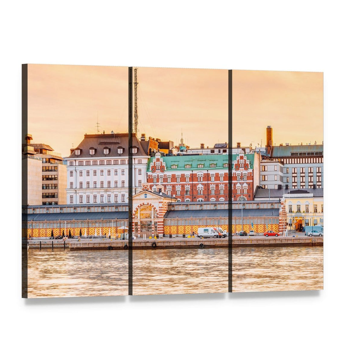 Historic Waterfront Market Hall in Summer Canvas Wall Art, 3 panel 3 Horizontal layout gallery wrapped canvas set, angled product view