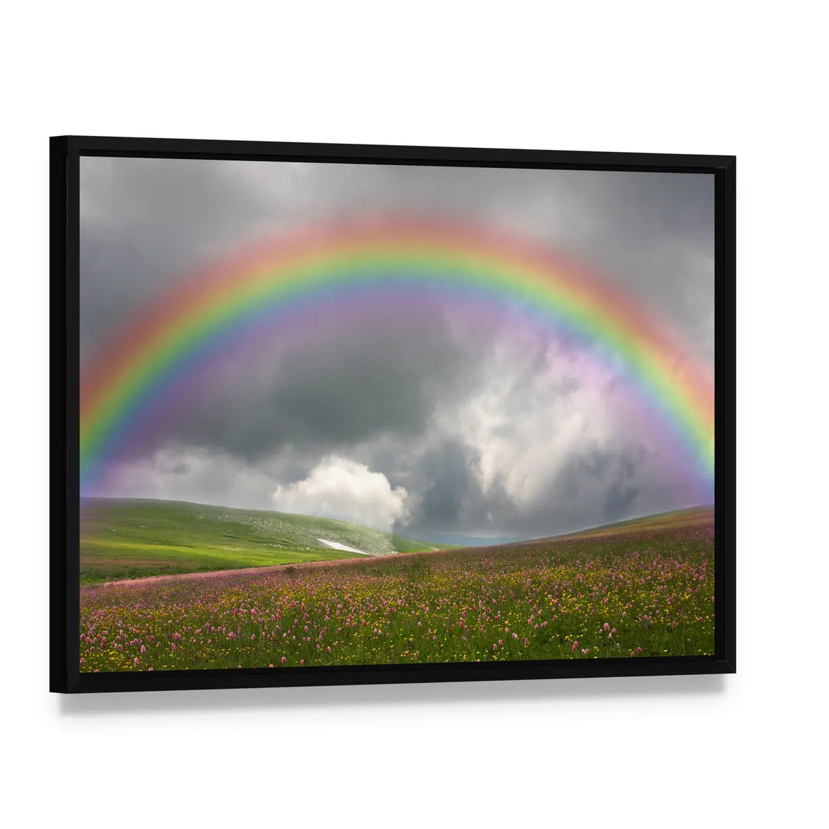 Rainbow Over Wildflower Hills Canvas Wall Art, framed canvas in a black floater frame, angled product view