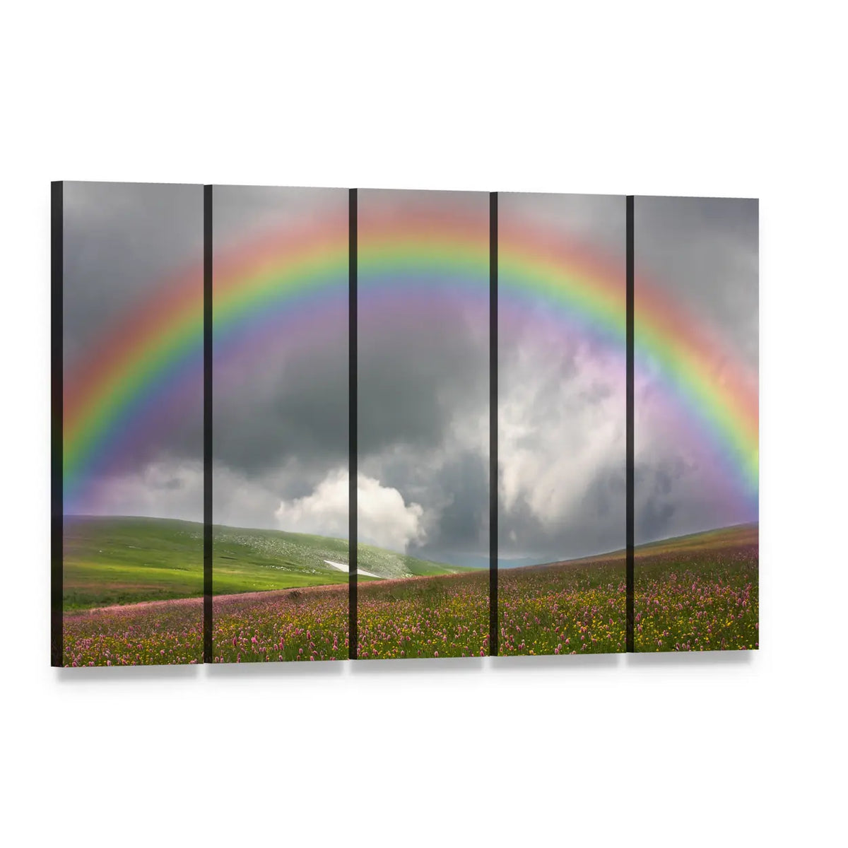 Rainbow Over Wildflower Hills Canvas Wall Art, 5 panel 5 Horizontal layout gallery wrapped canvas set, angled product view