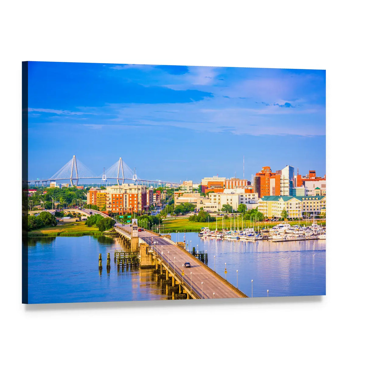 Charleston Skyline and Ashley River Canvas Wall Art, single panel gallery wrapped canvas, angled product view