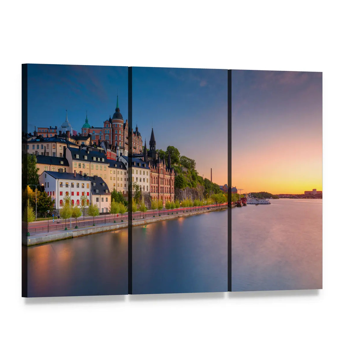 Sweden at Sunset Canvas Wall Art, 3 panel 3 Horizontal layout gallery wrapped canvas set, angled product view