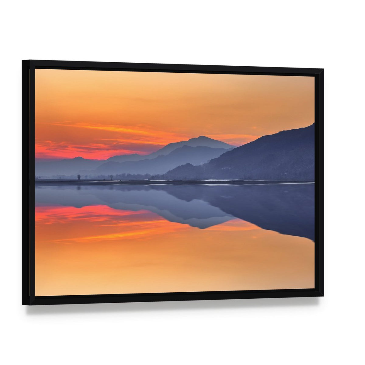 Sunset Reflection on River Swat Canvas Wall Art, framed canvas in a black floater frame, angled product view
