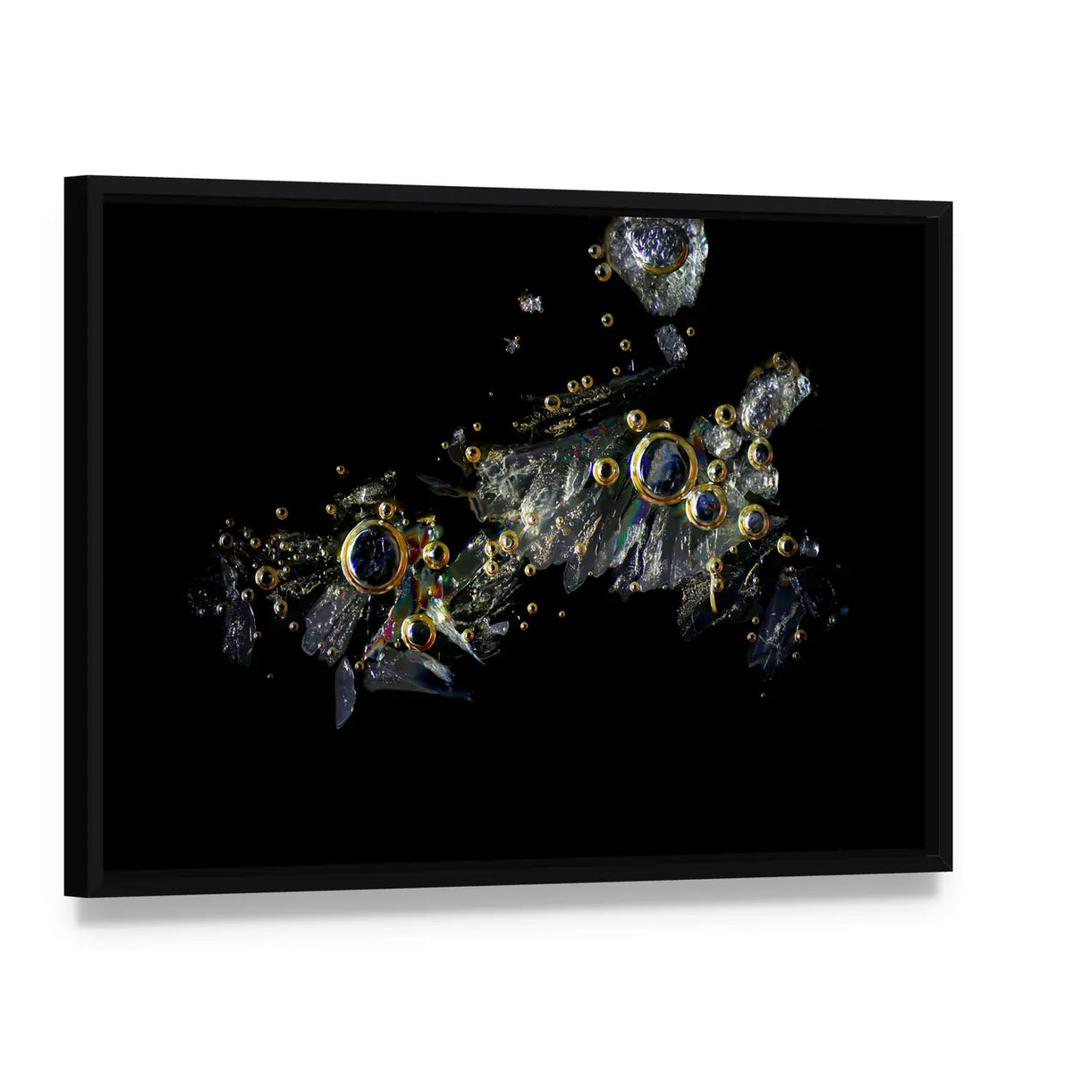 Crystallized Vitamin C Abstract Canvas Wall Art, framed canvas in a black floater frame, angled product view