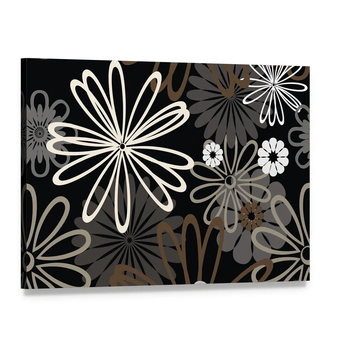Retro Abstract Floral in Black and White Canvas Wall Art, single panel gallery wrapped canvas, angled product view