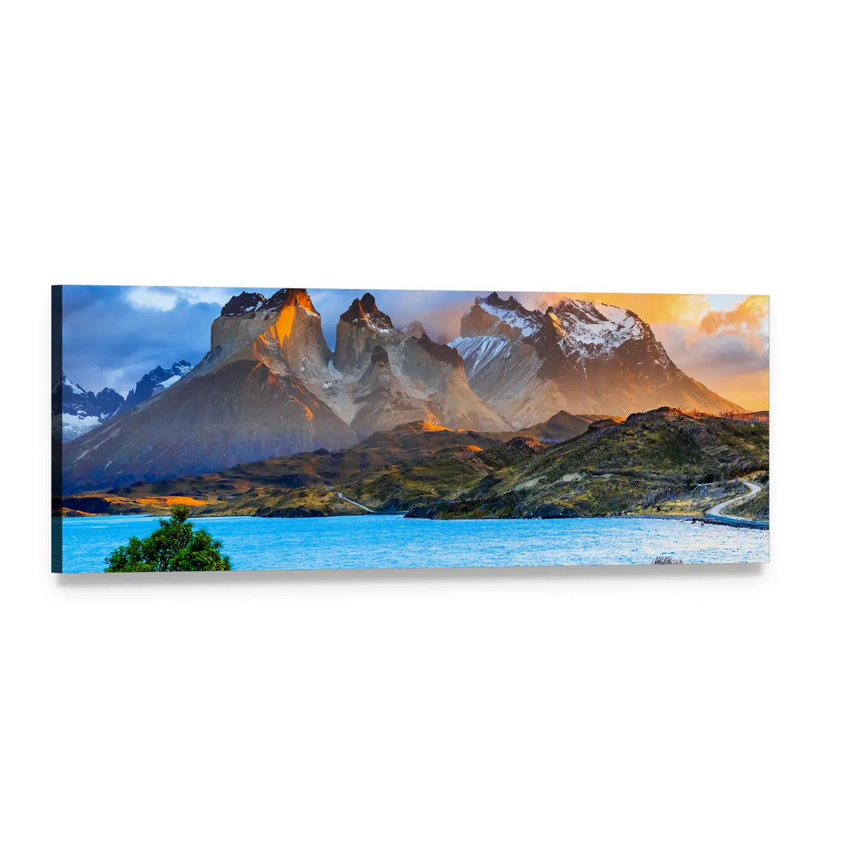 Sunrise at Pehoe Lake Panoramic Canvas Wall Art, single panel gallery wrapped canvas, angled product view