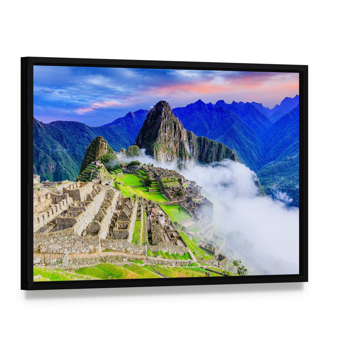 Machu Picchu, Peru: Terraced Ruins in Mist Canvas Wall Art, framed canvas in a black floater frame, angled product view