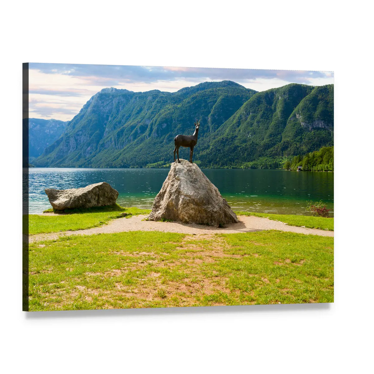 Lake Bohinj with Chamois Statue Canvas Wall Art, single panel gallery wrapped canvas, angled product view
