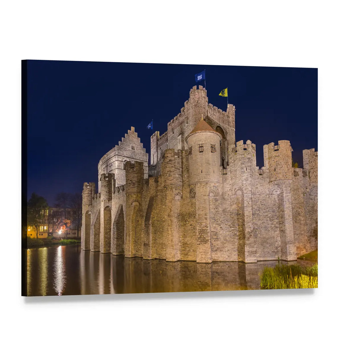 Gravensteen Castle Reflected at Night Canvas Wall Art, single panel gallery wrapped canvas, angled product view