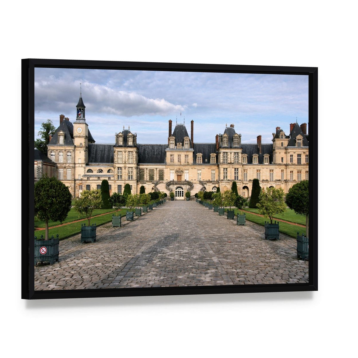 Fontainebleau Castle Canvas Wall Art, framed canvas in a black floater frame, angled product view