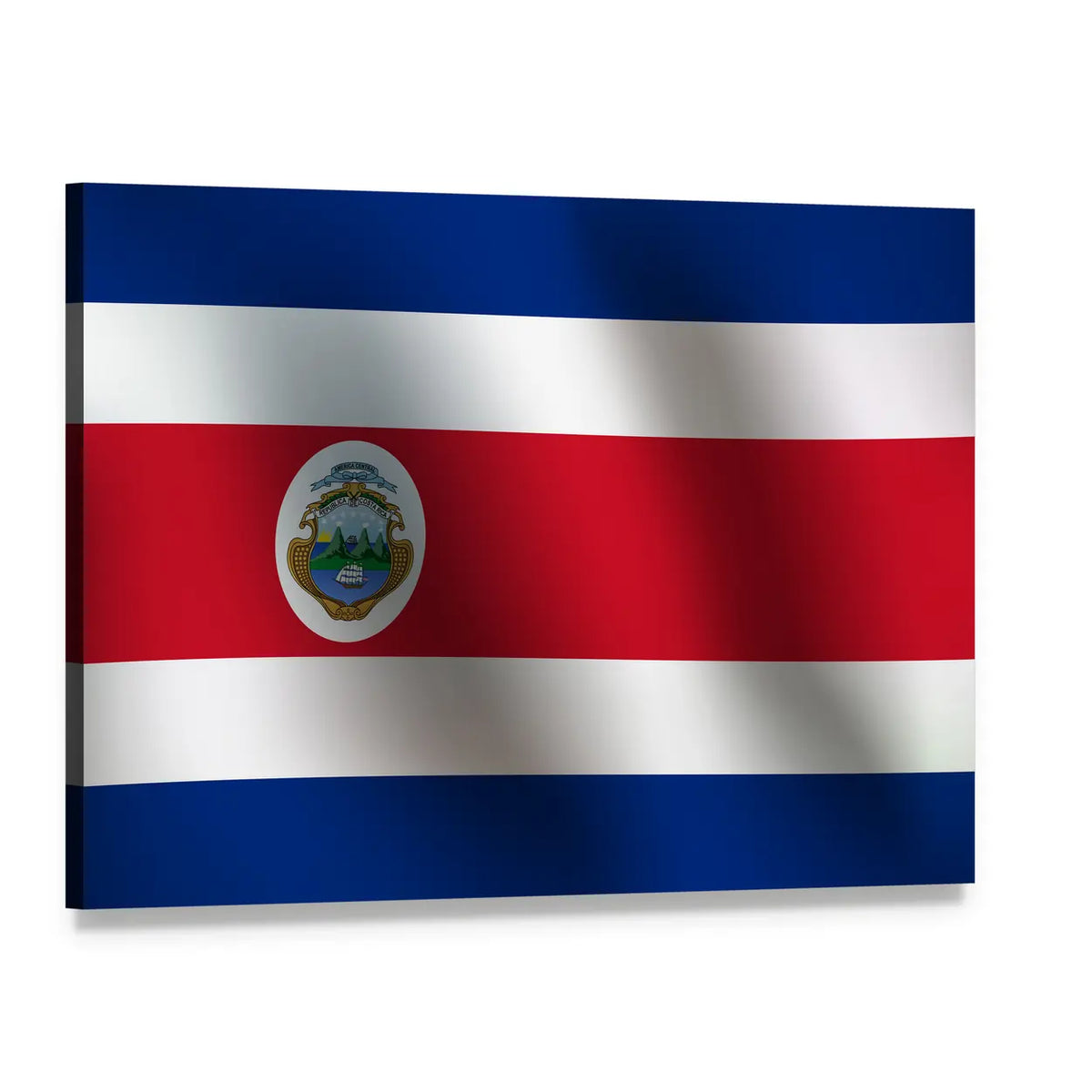 Costa Rican Flag with Coat of Arms Canvas Wall Art, single panel gallery wrapped canvas, angled product view