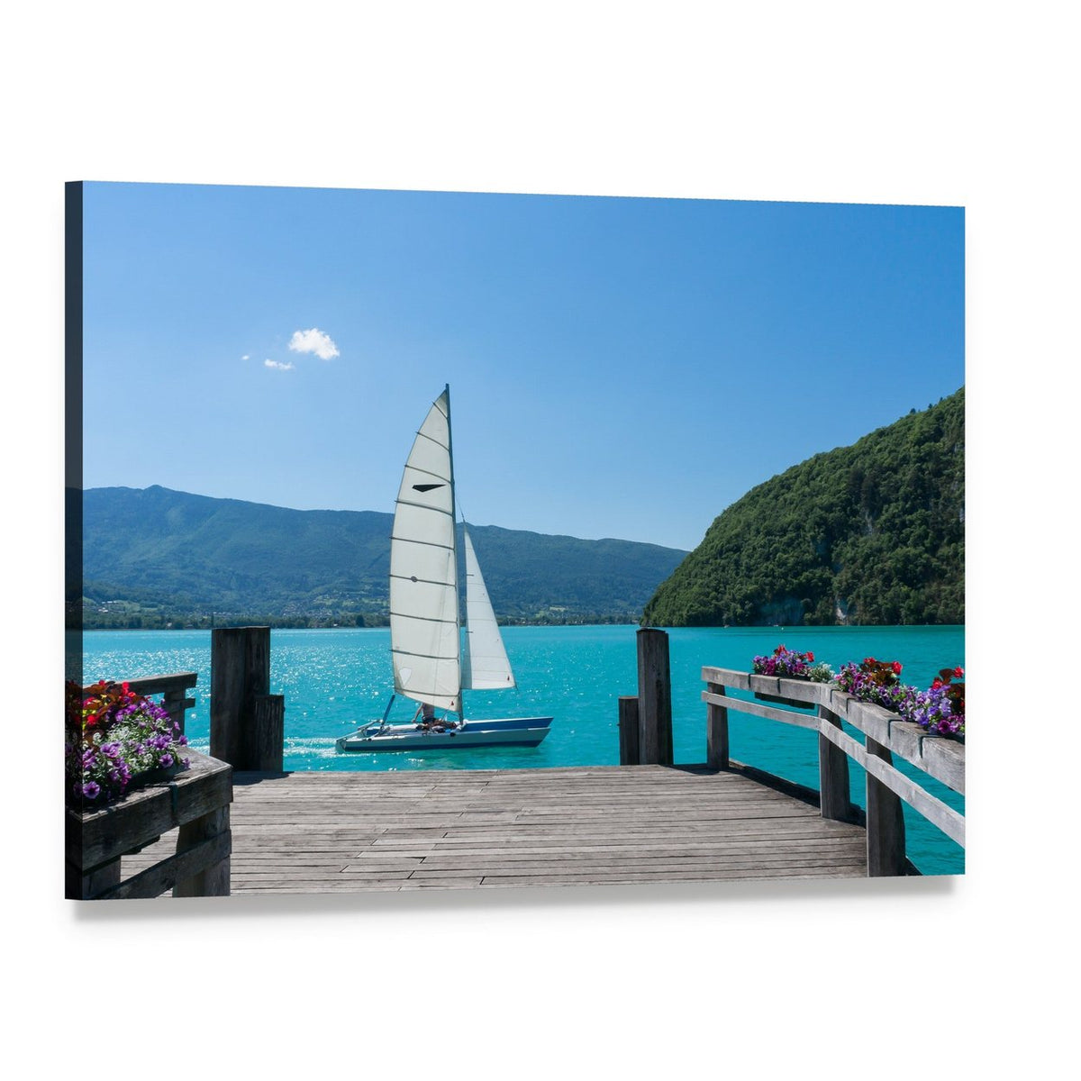 White Sailboat on Tranquil Lake Canvas Wall Art, single panel gallery wrapped canvas, angled product view