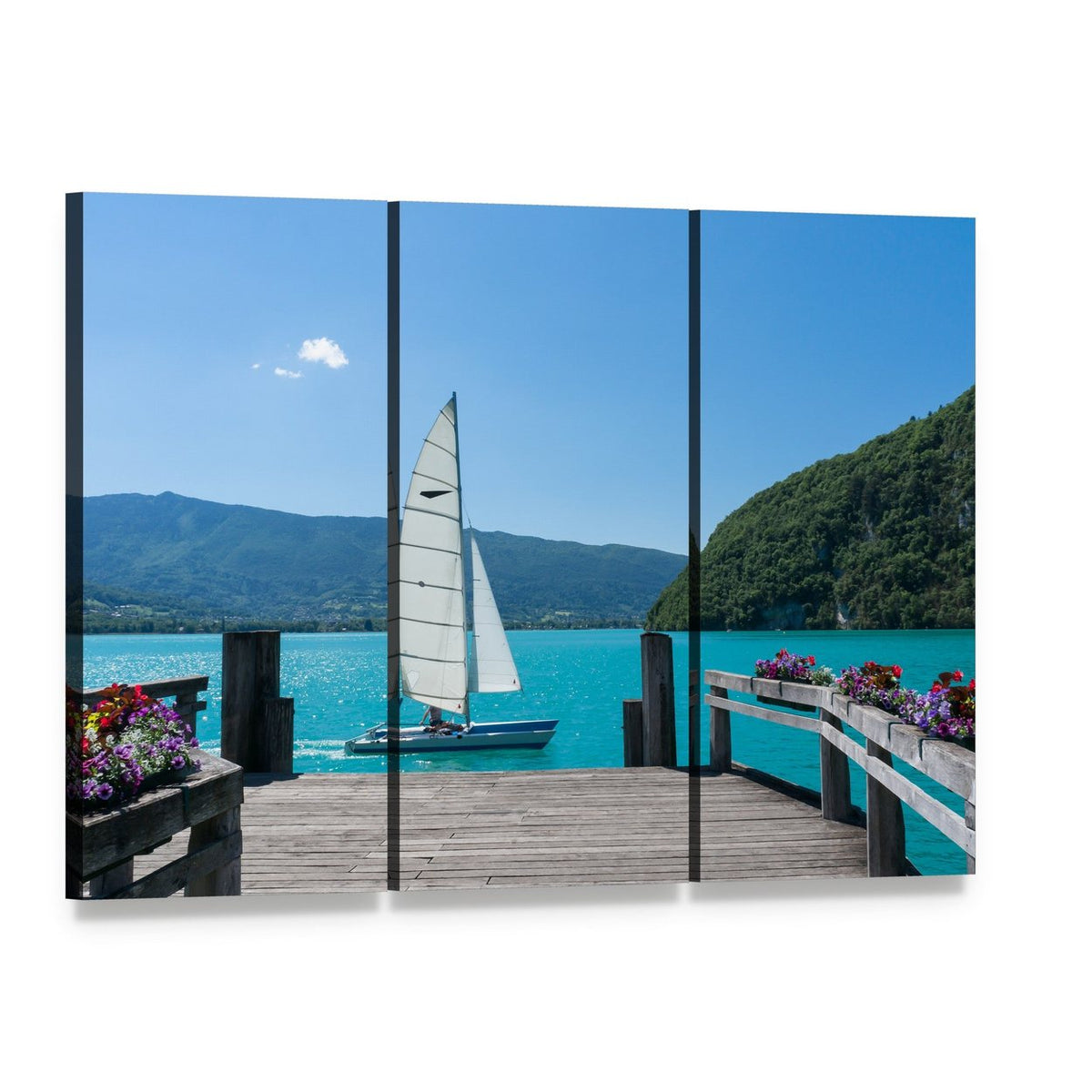 White Sailboat on Tranquil Lake Canvas Wall Art, 3 panel 3 Horizontal layout gallery wrapped canvas set, angled product view