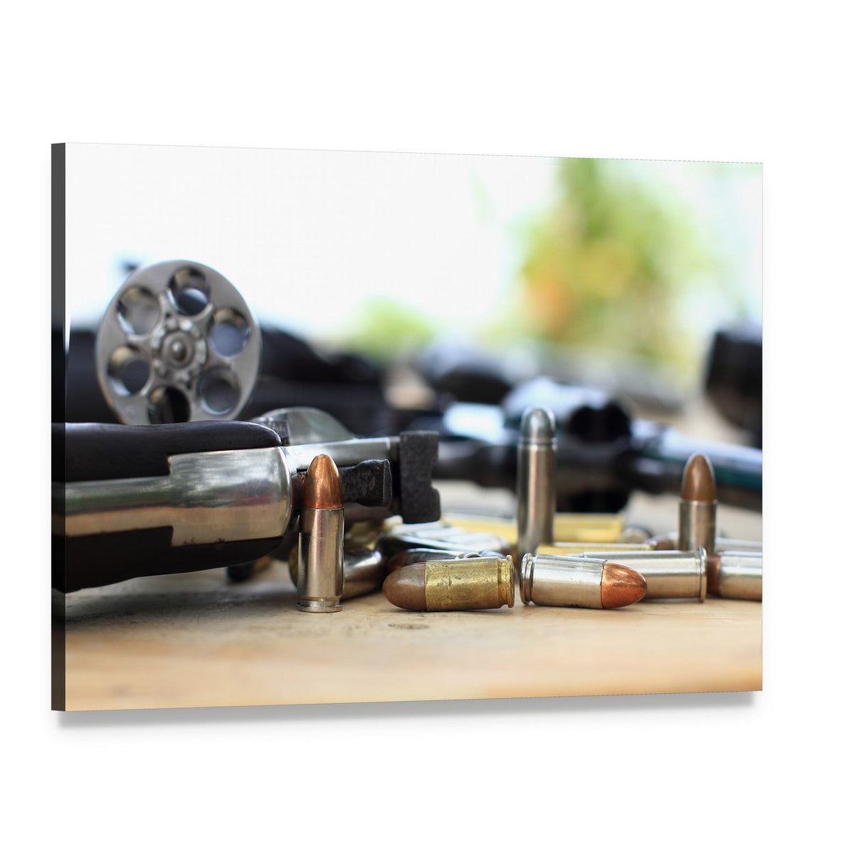 Pistol and Bullet on Table Canvas Wall Art, single panel gallery wrapped canvas, angled product view